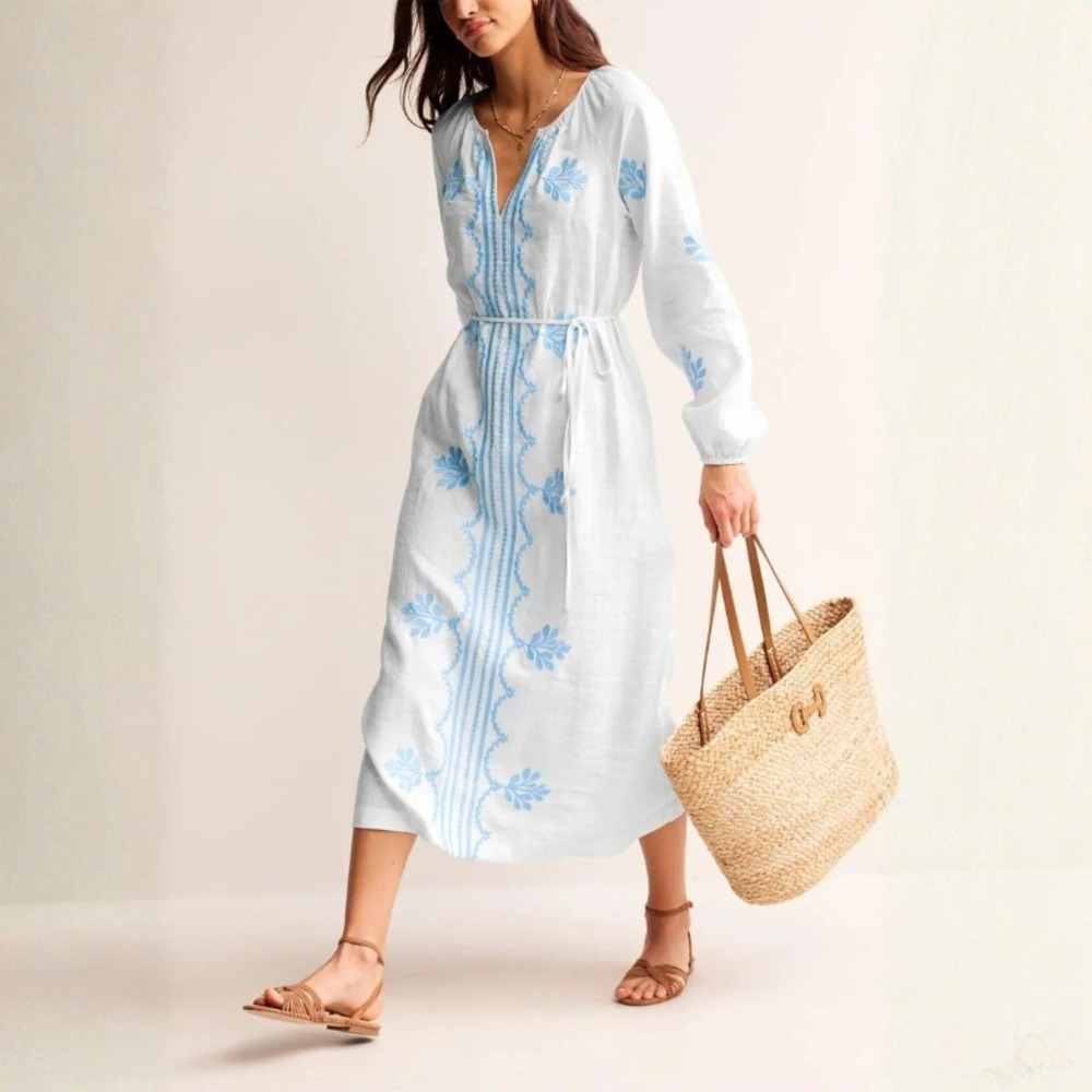 Boden Embroidered Linen Midi Dress White Blue Floral US 2P Petite Split Neck